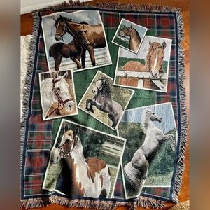 64×49inches Horse Collage Tapestry Throw/Blanket With Fray Distrrssed Edges